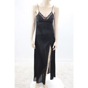 Vintage Lady Cameo Long Slinky Nightgown Small Black Nylon High Slit USA Gothic